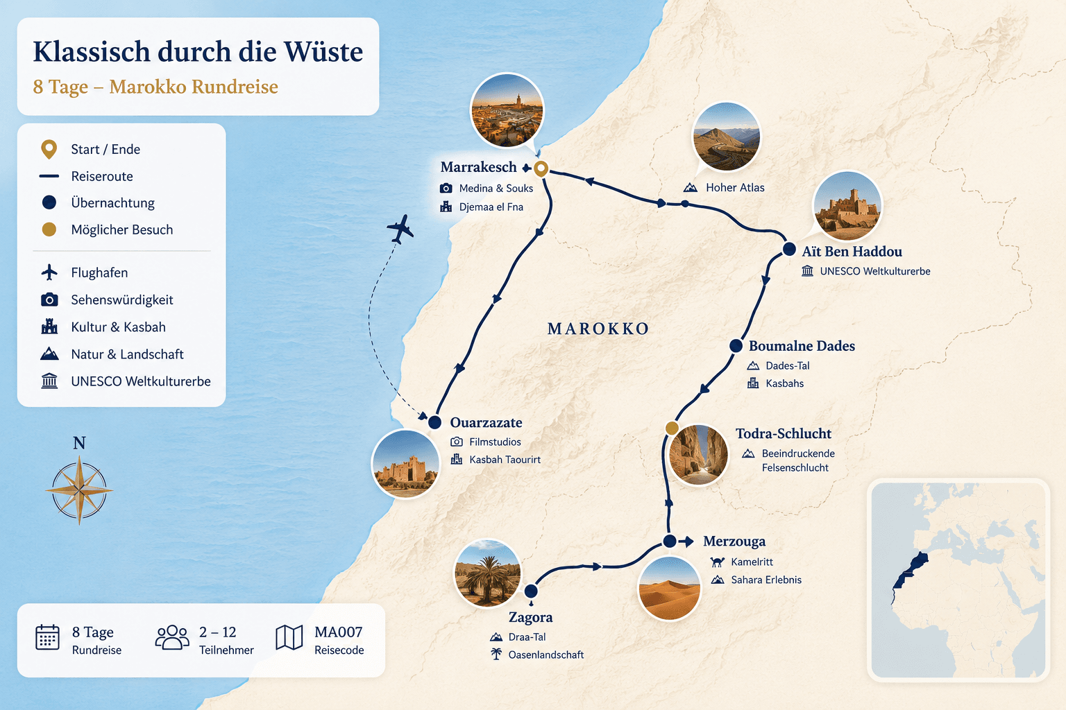 Reiseroute Klassisch durch die Wüste – 8 Tage Marokko Rundreise