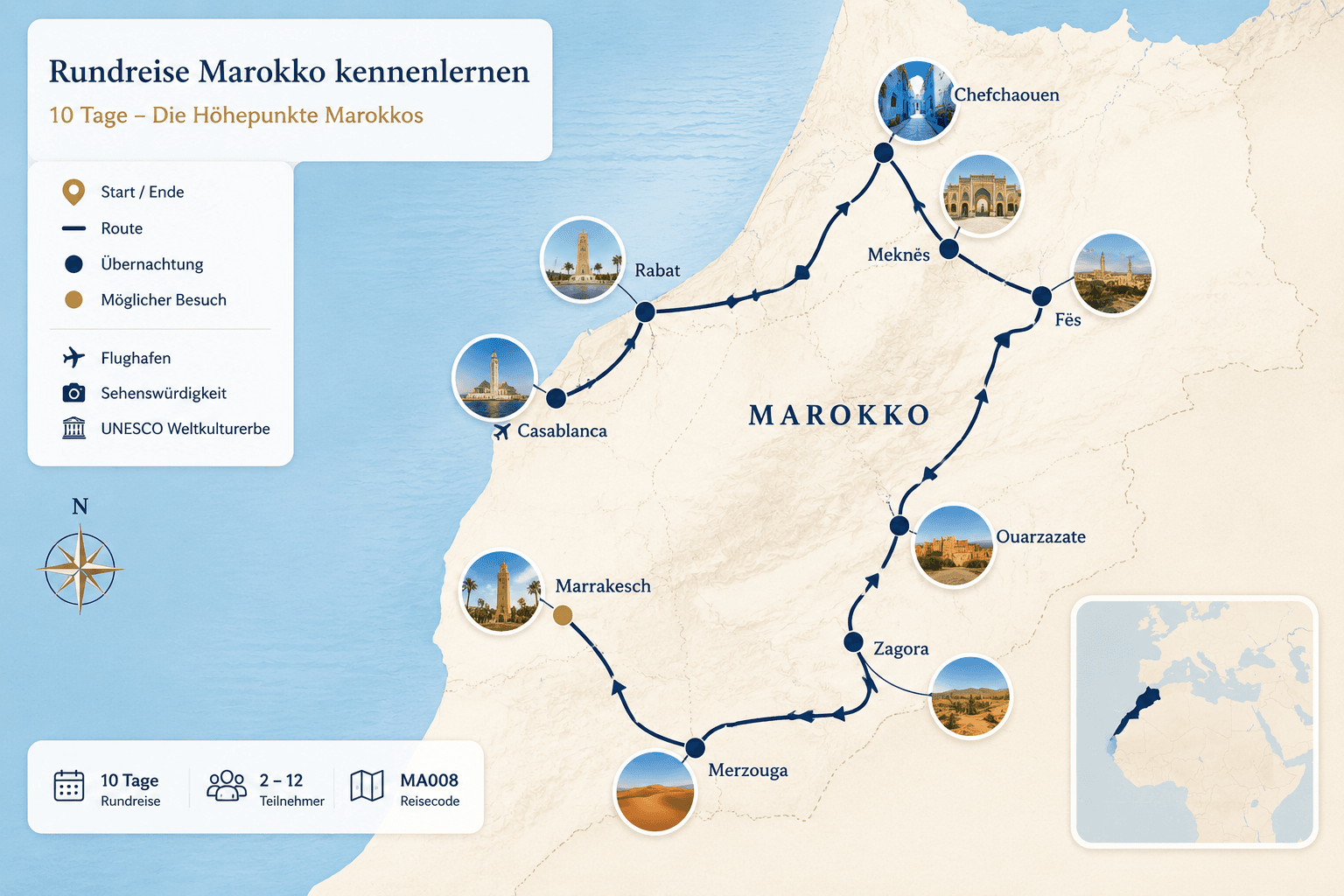 Reiseroute Rundreise Marokko kennenlernen
